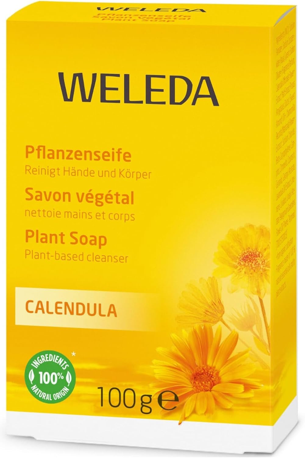 Weleda Calendula Seife 100 G Vegan Feste Pflanzenseife Sensible Haut | Calendula Kamille Iriswurzelstock, Kokosöl Olivenöl, Cremig Zarter Schaum, Lavandin Iris Amyris Duft, Ab Geburt Geeignet