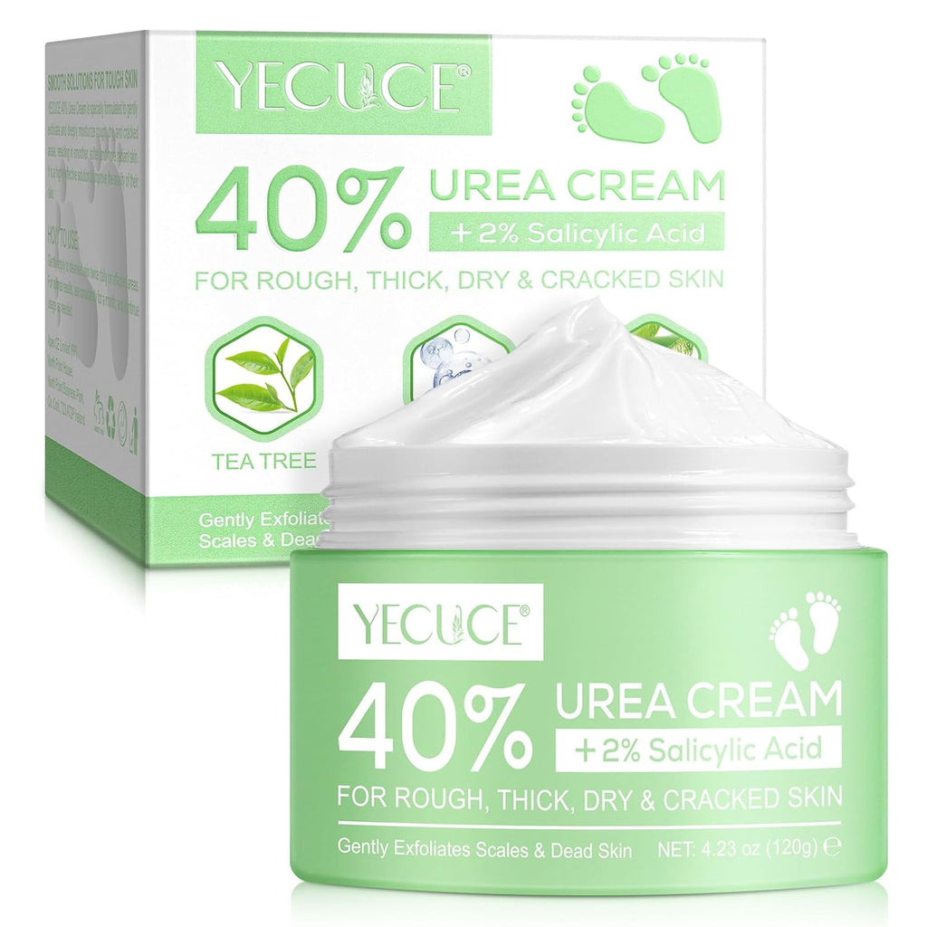 Urea-Fußcreme, Urea-Creme 40 Prozent Für Die Füße, Mit Hyaluronsäure, Teebaum Und Aloe Vera, Fersenbalsam Zur Hornhautentfernung Und Erweichung, Für Trockene, Rissige Füße, Fersen Und Hände (120 G)