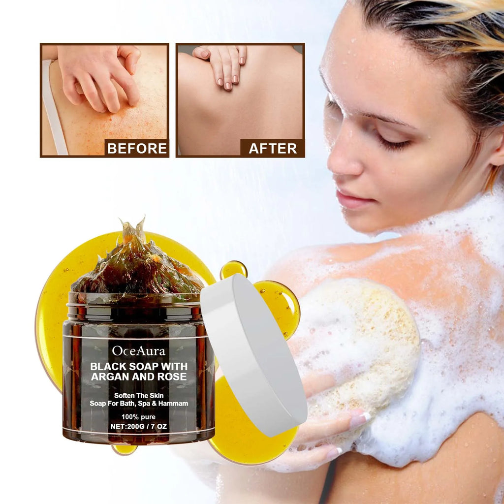 200G Black Soap with Argan and Rose Lack Beldi Soap Ideal for Dead Skin Remover Body Scrub Purifying Deep Cleansing