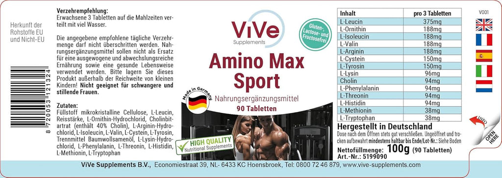 Amino Max Sport - 90 Tabletten - 13 Aminosäuren Pro Tablette - Inklusive Aller Essenzieller Aminos - Hochdosiert | Qualität Aus Deutschland Von Vive Supplements