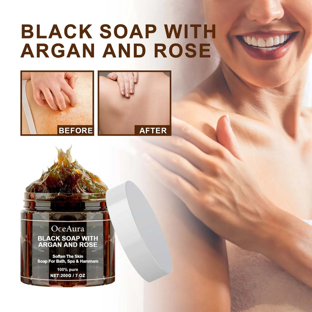 200G Black Soap with Argan and Rose Lack Beldi Soap Ideal for Dead Skin Remover Body Scrub Purifying Deep Cleansing