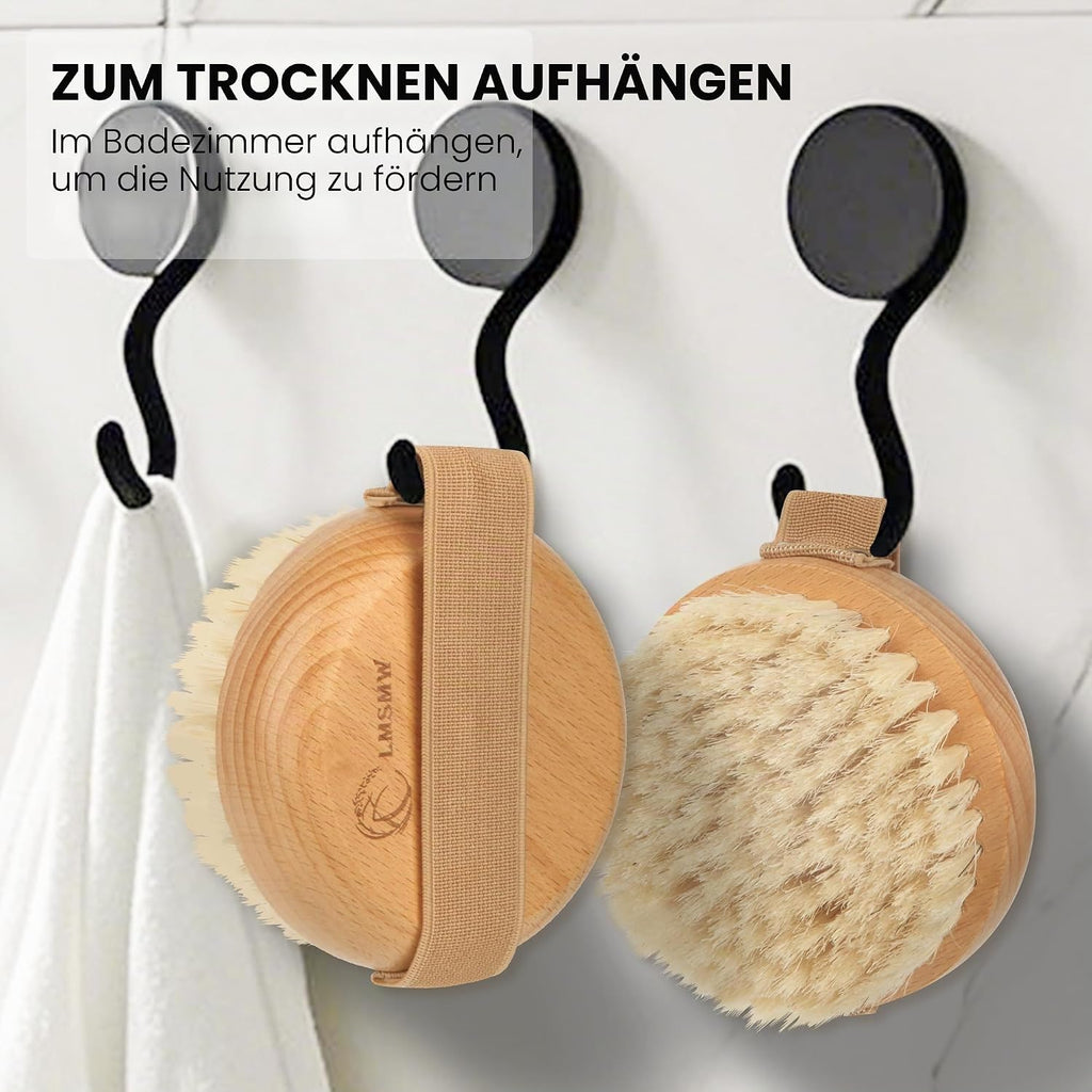Dry Brushing Körperbürste Für Lymphdrainage - Natürliche Wildschweinborsten Peeling Trockene Haut Bürste Mit Gummiband - Verbessert Die Durchblutung, Reduziert Cellulite, Weiches, Festes Peeling Für