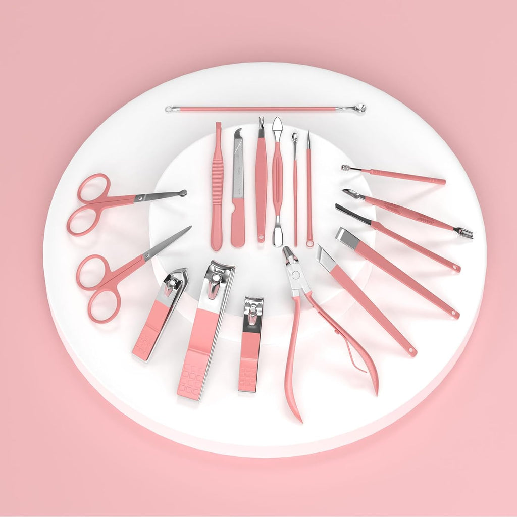 Maniküre-Set 18 in 1 Professionelles Pediküre-Set Nagelschere Grooming Kit Mit Leder Kulturbeutel in Pink