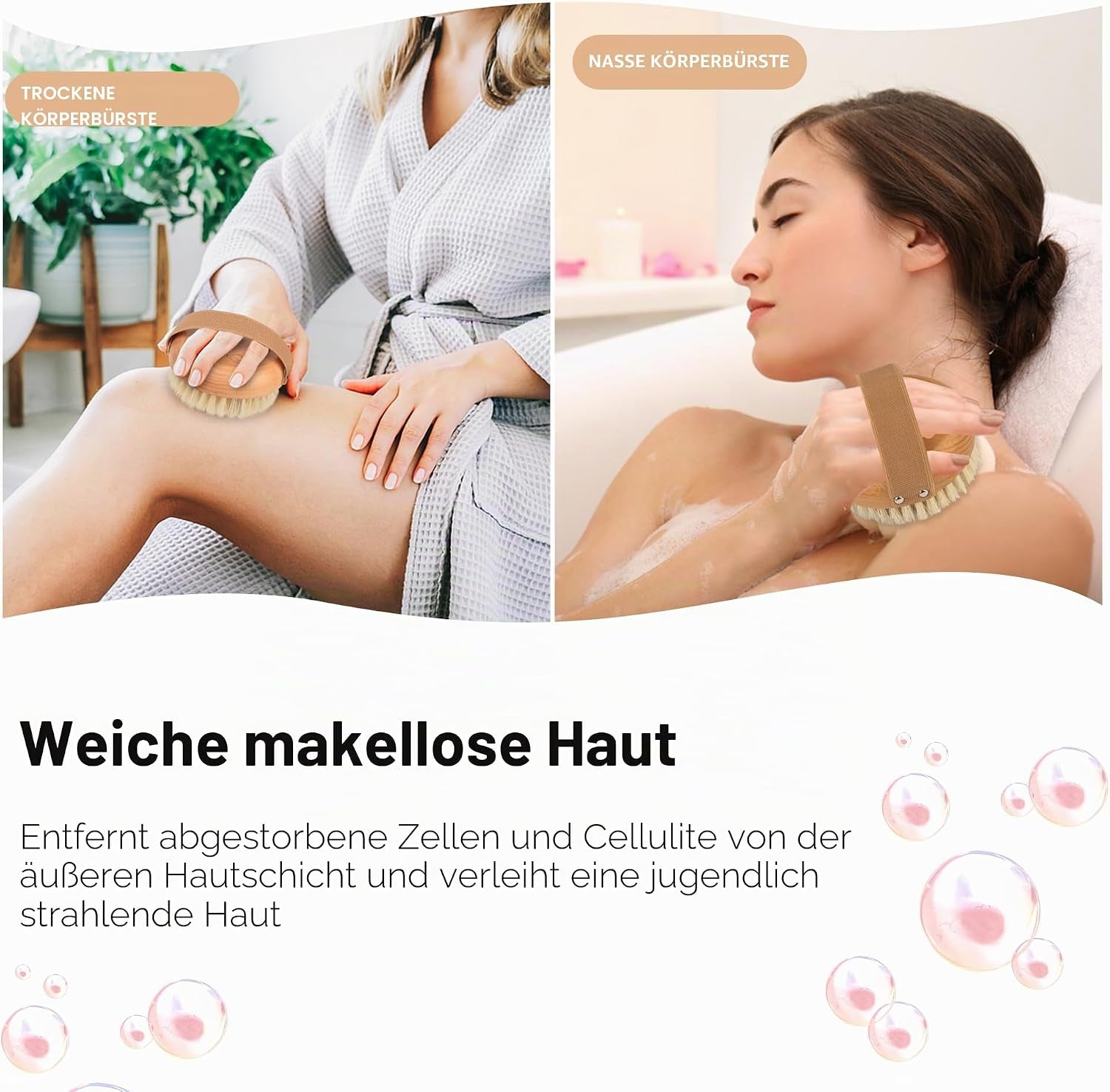 Dry Brushing Körperbürste Für Lymphdrainage - Natürliche Wildschweinborsten Peeling Trockene Haut Bürste Mit Gummiband - Verbessert Die Durchblutung, Reduziert Cellulite, Weiches, Festes Peeling Für