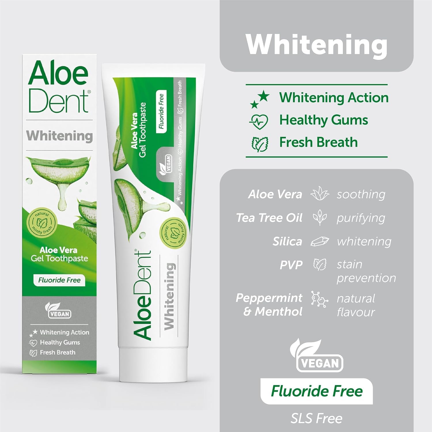 Aloedent Aloe Vera Whitening Zahnpasta Ohne Fluorid - Natürliche Pfefferminze, Sls-Frei, Natürlich Weiße Zähne & Gesundes Zahnfleisch, Vegan, 100Ml