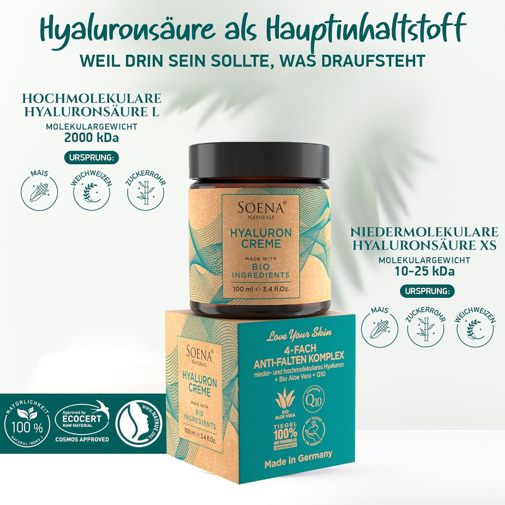 BIO Hyaluron Cream with Coenzyme Q10 | High-Dose Hyaluronic Acid | 4-in-1 Anti-Wrinkle Treatment - 100ml | Day & Night Moisturizer | Hydrating Hyaluronic Acid Cream