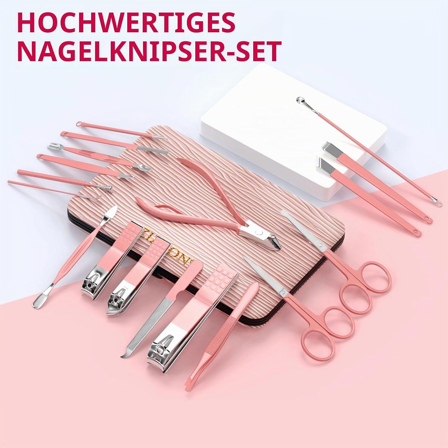 Maniküre-Set 18 in 1 Professionelles Pediküre-Set Nagelschere Grooming Kit Mit Leder Kulturbeutel in Pink