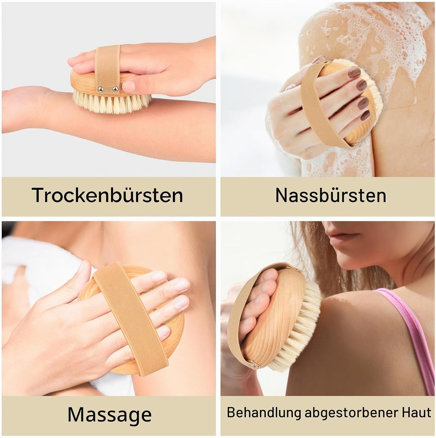 Dry Brushing Körperbürste Für Lymphdrainage - Natürliche Wildschweinborsten Peeling Trockene Haut Bürste Mit Gummiband - Verbessert Die Durchblutung, Reduziert Cellulite, Weiches, Festes Peeling Für