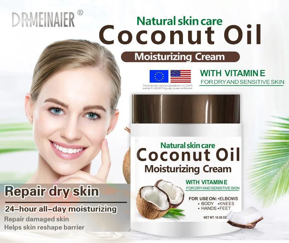 Natural Organic Cold Pressed Coconut Oil - 300g (10.58 fl oz) Moisturizing Cream for Repairing Dry Skin and Hair, Ideal for Body Massage