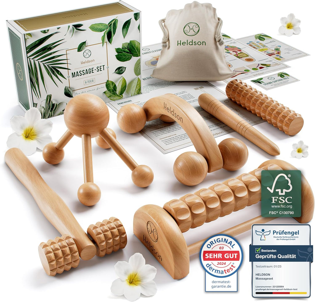 HELDSON Massage Set Holz 6-Teilig – Massageset Für Fuß, Kopf & Rücken | Dermatest "Sehr Gut", FSC 100% Holz, Fußmassage Roller, Kopfmassage & Triggerpunkt, Wellness Geschenk Für Pärchen