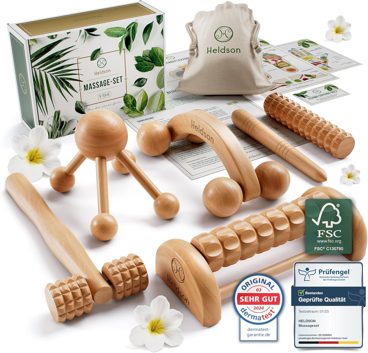 HELDSON Massage Set Holz 6-Teilig – Massageset Für Fuß, Kopf & Rücken | Dermatest "Sehr Gut", FSC 100% Holz, Fußmassage Roller, Kopfmassage & Triggerpunkt, Wellness Geschenk Für Pärchen