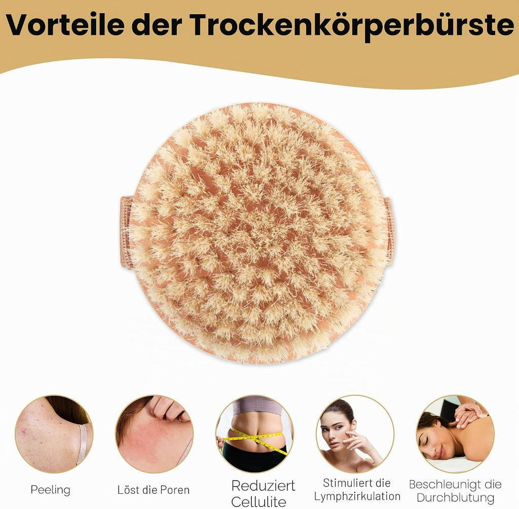 Dry Brushing Körperbürste Für Lymphdrainage - Natürliche Wildschweinborsten Peeling Trockene Haut Bürste Mit Gummiband - Verbessert Die Durchblutung, Reduziert Cellulite, Weiches, Festes Peeling Für