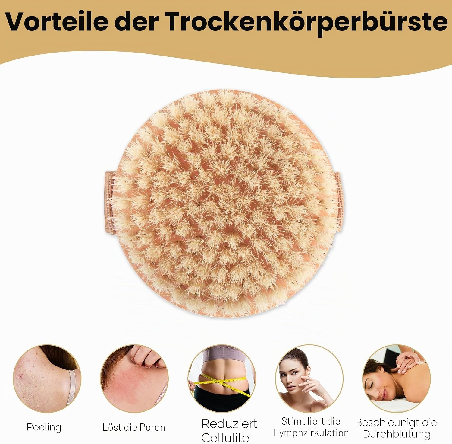 Dry Brushing Körperbürste Für Lymphdrainage - Natürliche Wildschweinborsten Peeling Trockene Haut Bürste Mit Gummiband - Verbessert Die Durchblutung, Reduziert Cellulite, Weiches, Festes Peeling Für