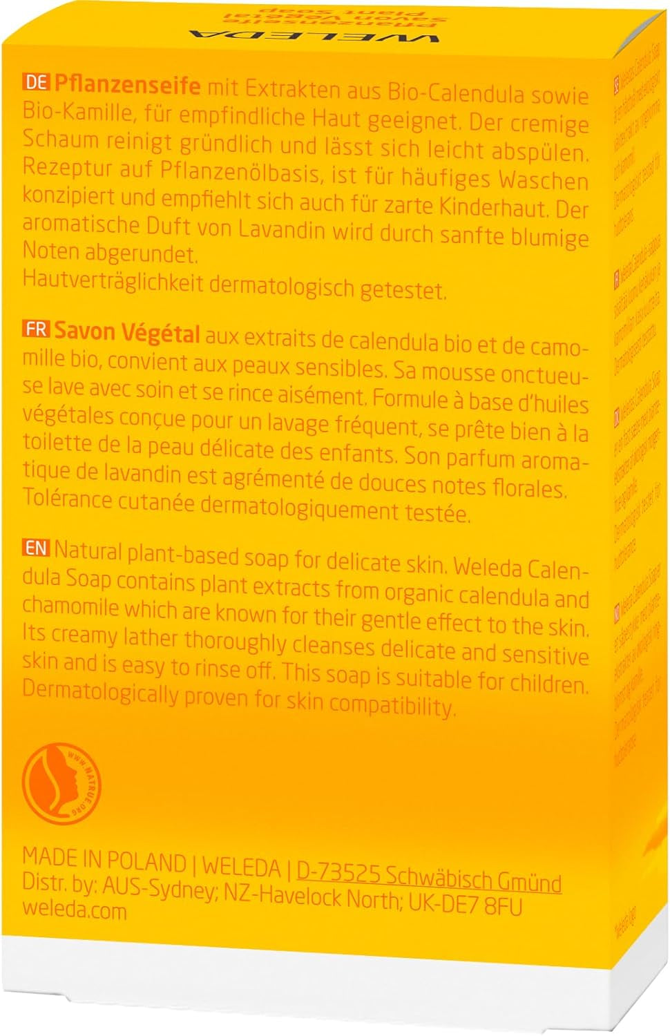 Weleda Calendula Seife 100 G Vegan Feste Pflanzenseife Sensible Haut | Calendula Kamille Iriswurzelstock, Kokosöl Olivenöl, Cremig Zarter Schaum, Lavandin Iris Amyris Duft, Ab Geburt Geeignet