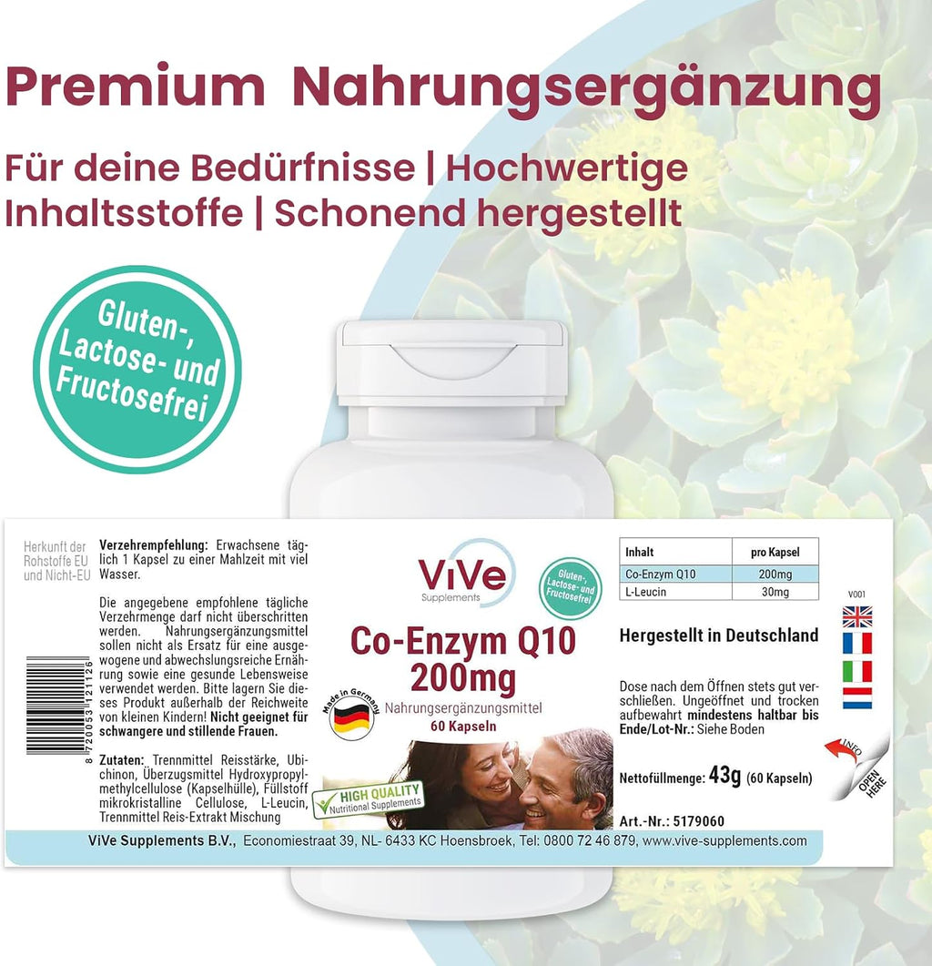 Co-Enzym Q10 200Mg - 60 Kapseln Ubichinon Für 60 Tage - 100% Vegan - Hochdosiert | Qualität Aus Deutschland Von Vive Supplements