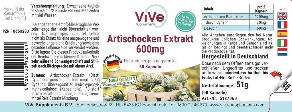 Artischocken-Extrakt 600Mg - 60 Kapseln - Standardisierter Extrakte Mit 2,5% Cynarin - Hochdosiert Und Vegan | Qualität Aus Deutschland Von Vive Supplements