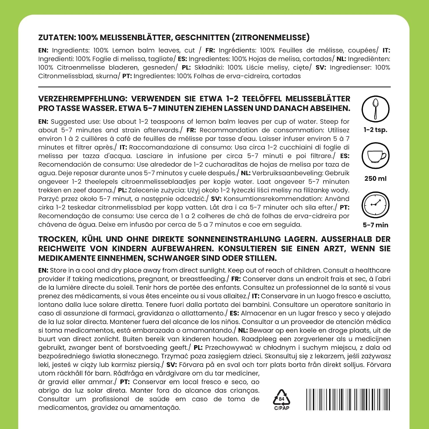 Alpi Nature Zitronenmelisse Tee 125G, Melissenblätter Getrocknet | Melissentee, Tee Lose, Lemon Balm Tea, Melissa Officinalis Kräutertee