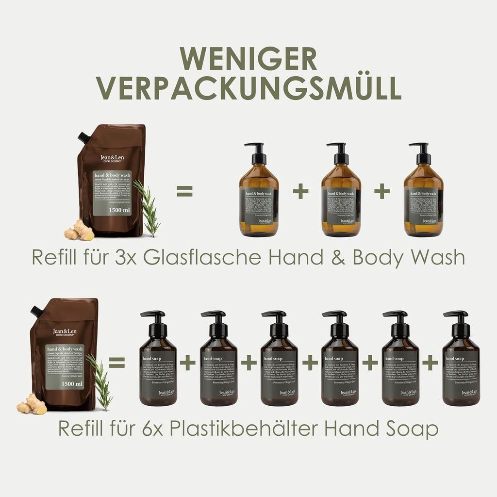 Jean & Len Hand & Body Wash with Rosemary and Ginger, Refill Pouch, 1.5L | Cleanses and Nourishes the Skin, Spicy-Fresh Scent, Liquid Soap in Refill Pouch, Silicone and Paraben-Free
