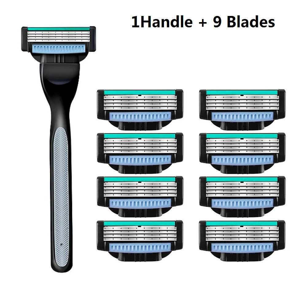 ( 1Handle + 9 Blades ) Men'S Razor Blade with Aloe Vera Strip Rubber Manual Safety Shavers Replacement Heads Mach 3