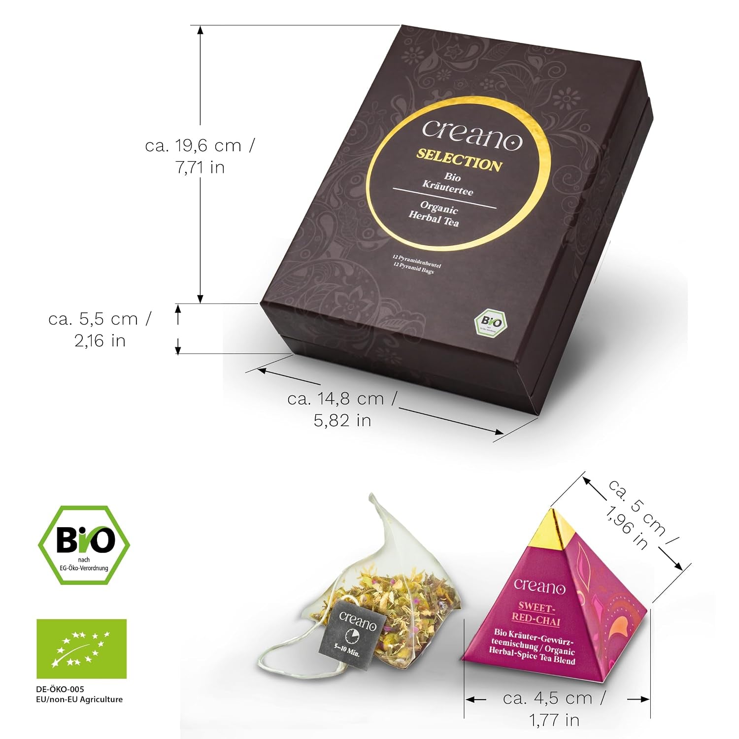 Creano Premium Bio Kräutertee Geschenkset „ORGANIC HERBAL TEA“ - 12 Pyramiden-Teebeutel in 9 Unterschiedlichen Sorten - 30G - NEUHEIT 2024*