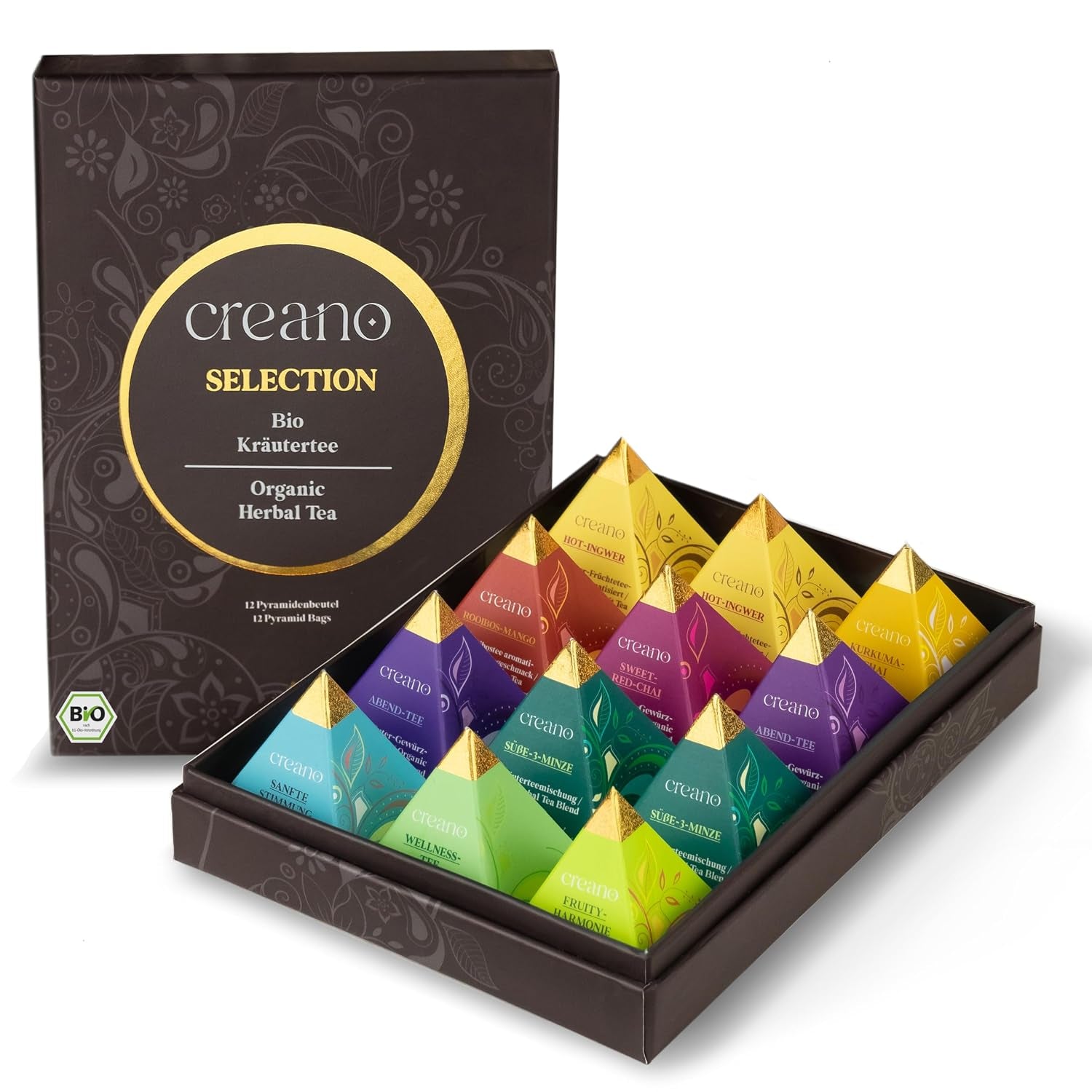 Creano Premium Bio Kräutertee Geschenkset „ORGANIC HERBAL TEA“ - 12 Pyramiden-Teebeutel in 9 Unterschiedlichen Sorten - 30G - NEUHEIT 2024*