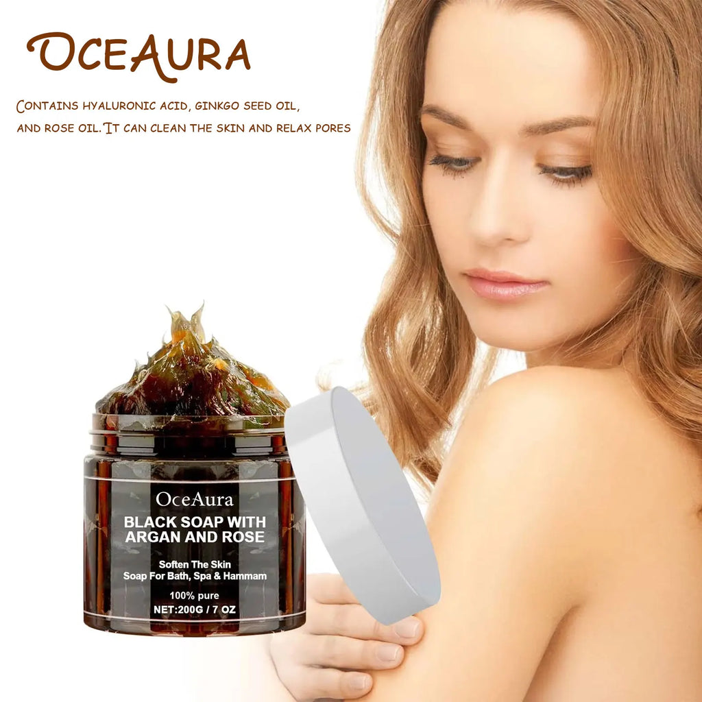 200G Black Soap with Argan and Rose Lack Beldi Soap Ideal for Dead Skin Remover Body Scrub Purifying Deep Cleansing