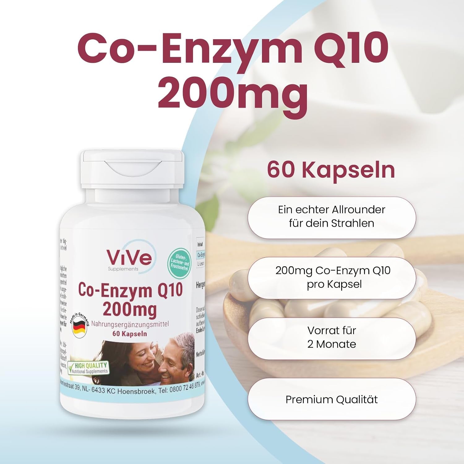 Co-Enzym Q10 200Mg - 60 Kapseln Ubichinon Für 60 Tage - 100% Vegan - Hochdosiert | Qualität Aus Deutschland Von Vive Supplements