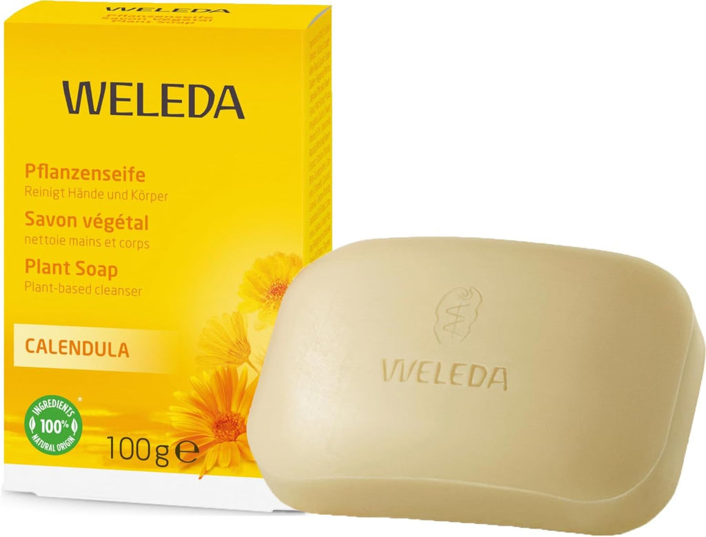 Weleda Calendula Seife 100 G Vegan Feste Pflanzenseife Sensible Haut | Calendula Kamille Iriswurzelstock, Kokosöl Olivenöl, Cremig Zarter Schaum, Lavandin Iris Amyris Duft, Ab Geburt Geeignet