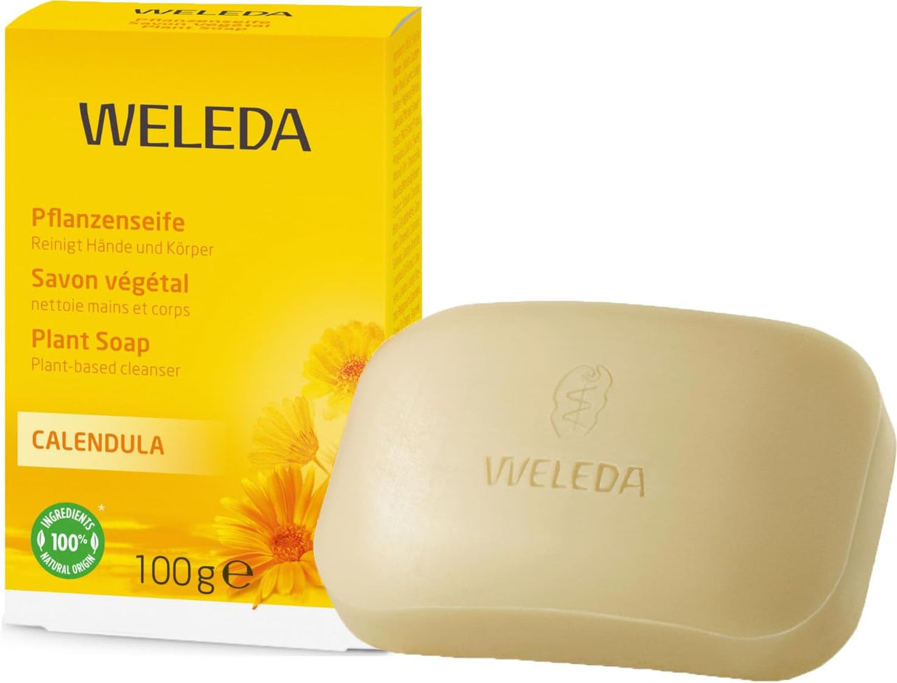Weleda Calendula Seife 100 G Vegan Feste Pflanzenseife Sensible Haut | Calendula Kamille Iriswurzelstock, Kokosöl Olivenöl, Cremig Zarter Schaum, Lavandin Iris Amyris Duft, Ab Geburt Geeignet