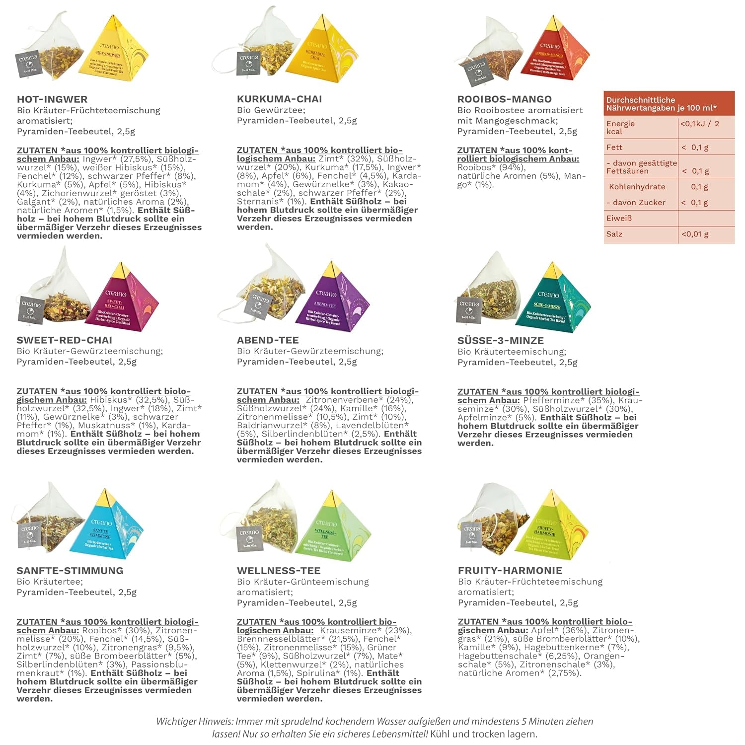 Creano Premium Bio Kräutertee Geschenkset „ORGANIC HERBAL TEA“ - 12 Pyramiden-Teebeutel in 9 Unterschiedlichen Sorten - 30G - NEUHEIT 2024*