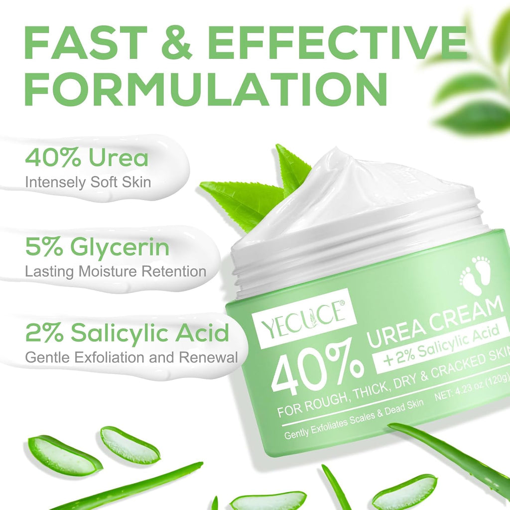 Urea-Fußcreme, Urea-Creme 40 Prozent Für Die Füße, Mit Hyaluronsäure, Teebaum Und Aloe Vera, Fersenbalsam Zur Hornhautentfernung Und Erweichung, Für Trockene, Rissige Füße, Fersen Und Hände (120 G)
