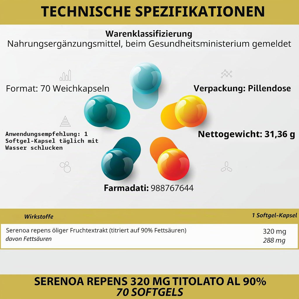SERENOA REPENS 70 Weichkapseln | Mit 320 Mg Auf 90% Standardisiertem Öl | Weichkapseln Für Prostata Und Harnwege | 1 Weichkapsel Täglich