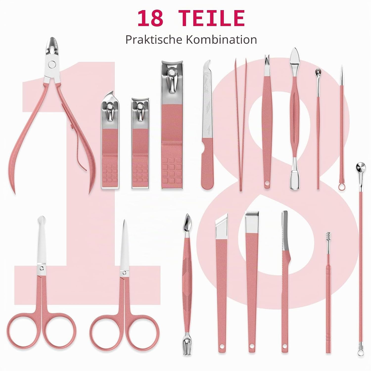 Maniküre-Set 18 in 1 Professionelles Pediküre-Set Nagelschere Grooming Kit Mit Leder Kulturbeutel in Pink
