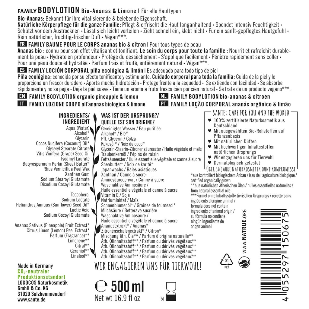 SANTE Naturkosmetik Feuchtigkeitsspendende Körperpflege Gegen Trockene Haut, Körpercreme Für Geschmeidige Haut, Mit Bio-Ananas Und Limone in Vorteilsgröße, Family Bodylotion , 1 X 500 Ml