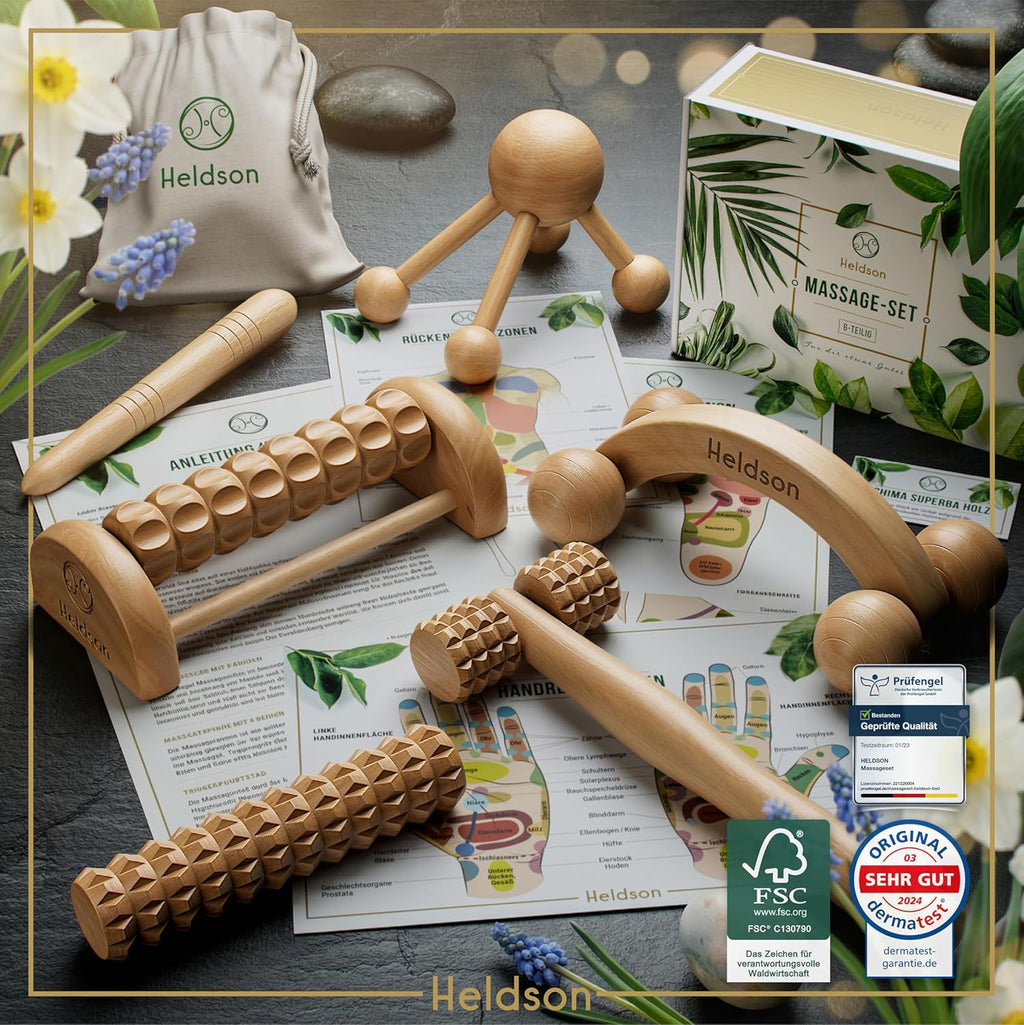 HELDSON Massage Set Holz 6-Teilig – Massageset Für Fuß, Kopf & Rücken | Dermatest "Sehr Gut", FSC 100% Holz, Fußmassage Roller, Kopfmassage & Triggerpunkt, Wellness Geschenk Für Pärchen