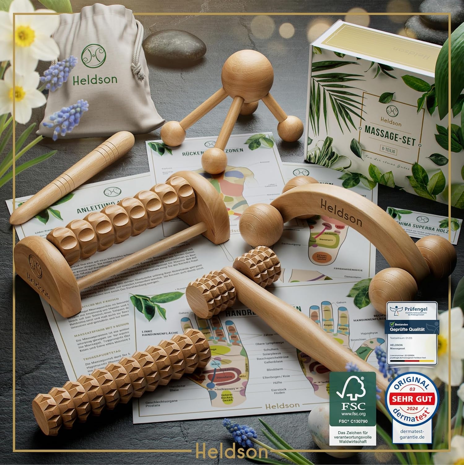 HELDSON Massage Set Holz 6-Teilig – Massageset Für Fuß, Kopf & Rücken | Dermatest "Sehr Gut", FSC 100% Holz, Fußmassage Roller, Kopfmassage & Triggerpunkt, Wellness Geschenk Für Pärchen