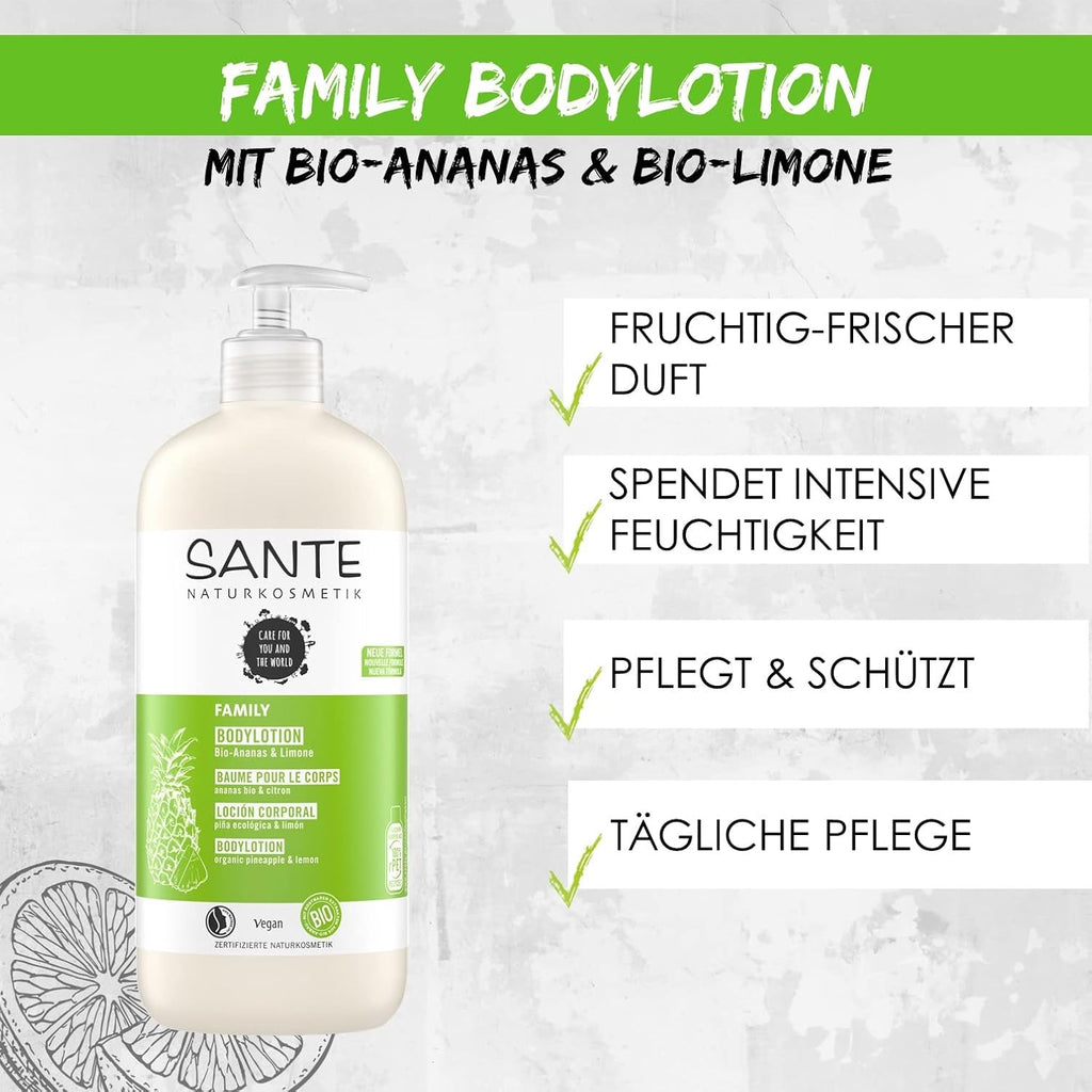 SANTE Naturkosmetik Feuchtigkeitsspendende Körperpflege Gegen Trockene Haut, Körpercreme Für Geschmeidige Haut, Mit Bio-Ananas Und Limone in Vorteilsgröße, Family Bodylotion , 1 X 500 Ml