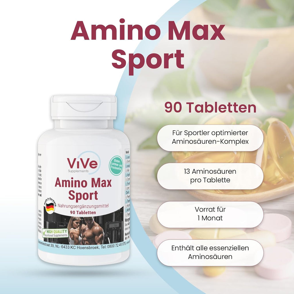 Amino Max Sport - 90 Tabletten - 13 Aminosäuren Pro Tablette - Inklusive Aller Essenzieller Aminos - Hochdosiert | Qualität Aus Deutschland Von Vive Supplements