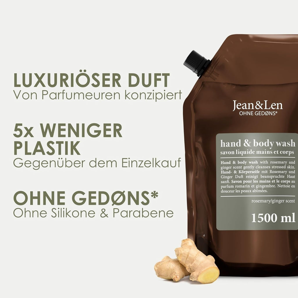Jean & Len Hand & Body Wash with Rosemary and Ginger, Refill Pouch, 1.5L | Cleanses and Nourishes the Skin, Spicy-Fresh Scent, Liquid Soap in Refill Pouch, Silicone and Paraben-Free
