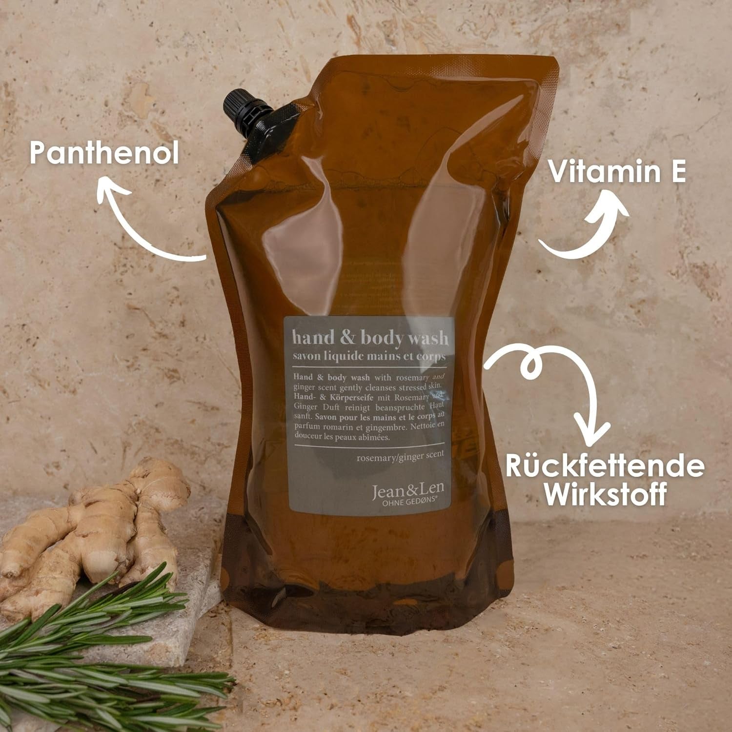 Jean & Len Hand & Body Wash with Rosemary and Ginger, Refill Pouch, 1.5L | Cleanses and Nourishes the Skin, Spicy-Fresh Scent, Liquid Soap in Refill Pouch, Silicone and Paraben-Free