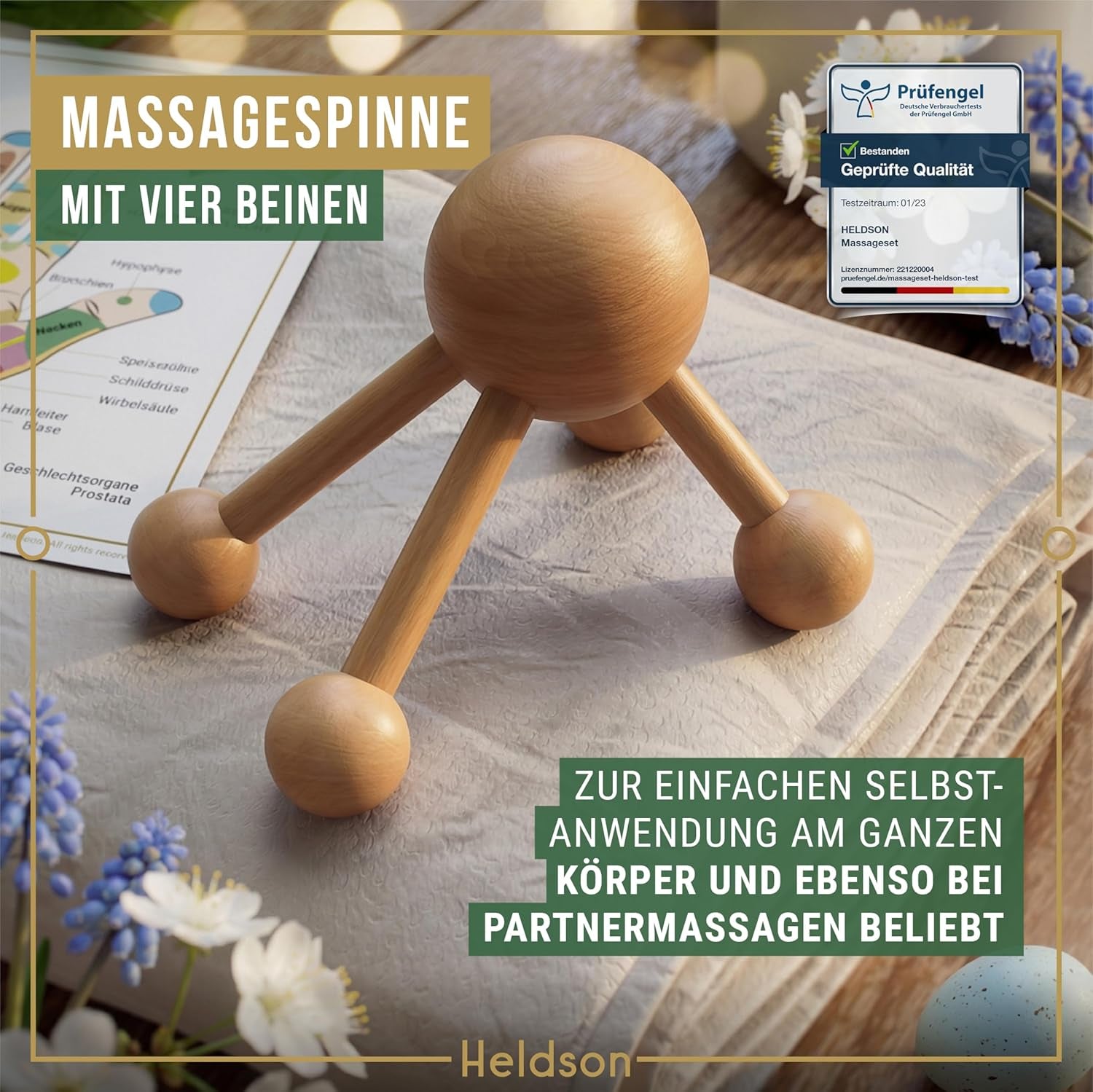 HELDSON Massage Set Holz 6-Teilig – Massageset Für Fuß, Kopf & Rücken | Dermatest "Sehr Gut", FSC 100% Holz, Fußmassage Roller, Kopfmassage & Triggerpunkt, Wellness Geschenk Für Pärchen