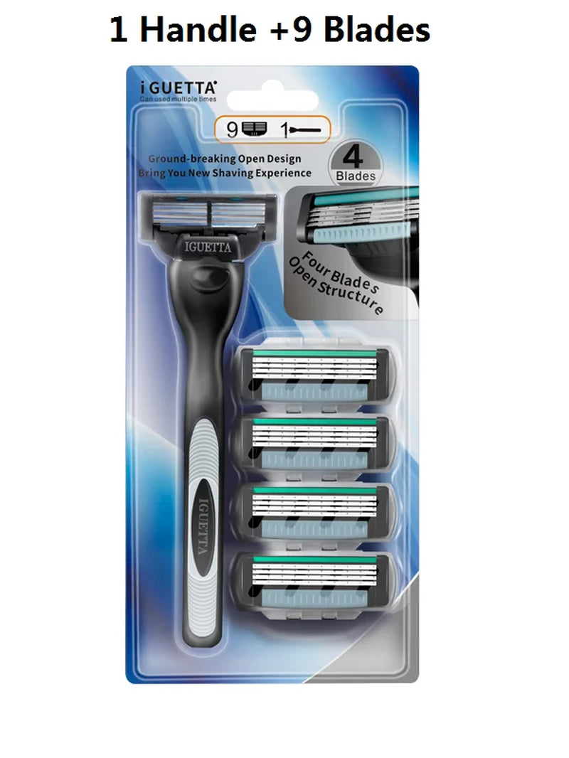 ( 1Handle + 9 Blades ) Men'S Razor Blade with Aloe Vera Strip Rubber Manual Safety Shavers Replacement Heads Mach 3