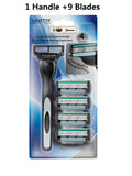 ( 1Handle + 9 Blades ) Men'S Razor Blade with Aloe Vera Strip Rubber Manual Safety Shavers Replacement Heads Mach 3
