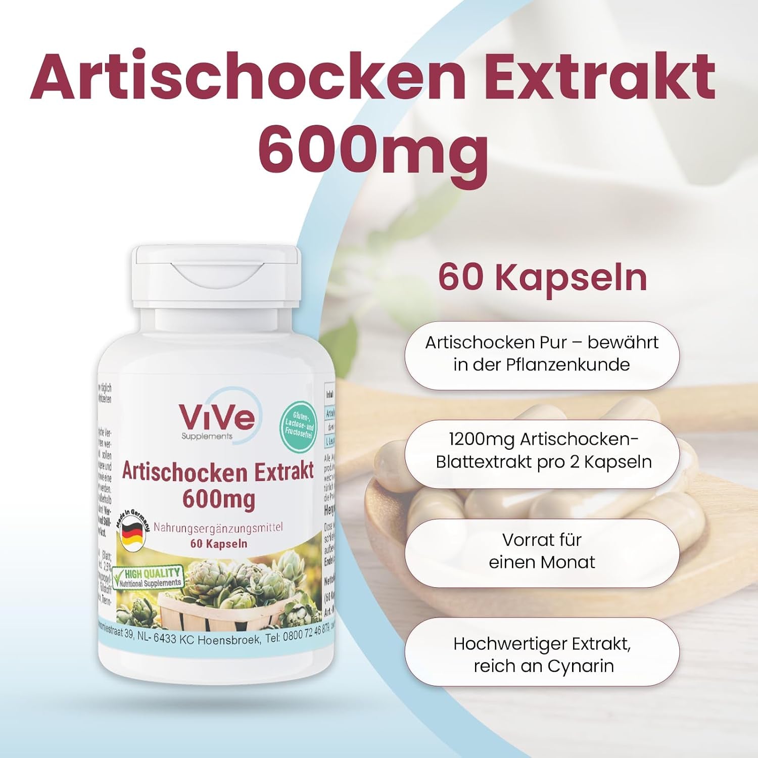 Artischocken-Extrakt 600Mg - 60 Kapseln - Standardisierter Extrakte Mit 2,5% Cynarin - Hochdosiert Und Vegan | Qualität Aus Deutschland Von Vive Supplements