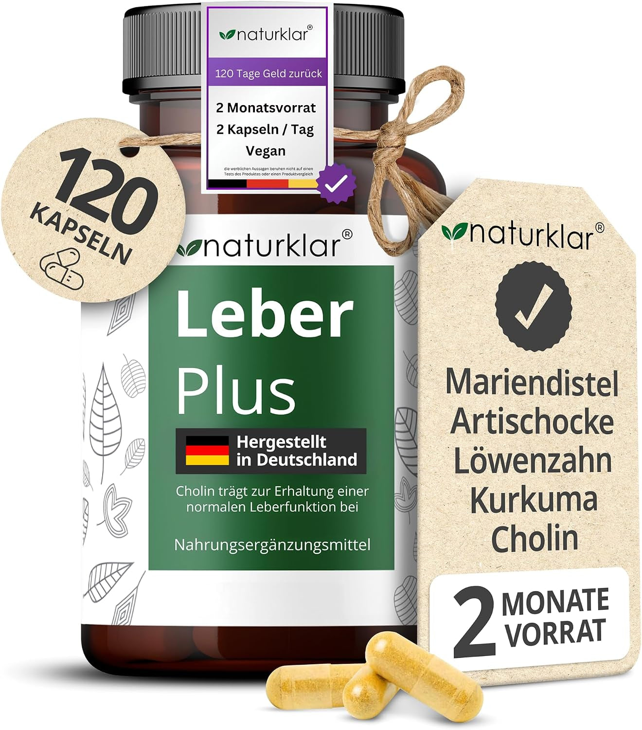 Leber plus Hochdosiert - 80% Silymarin, Mariendistel Kapseln Mit Artischocke, Löwenzahn, Curcuma & Cholin - 120 Kapseln - Vegan - Milk Thistle - Made in Germany