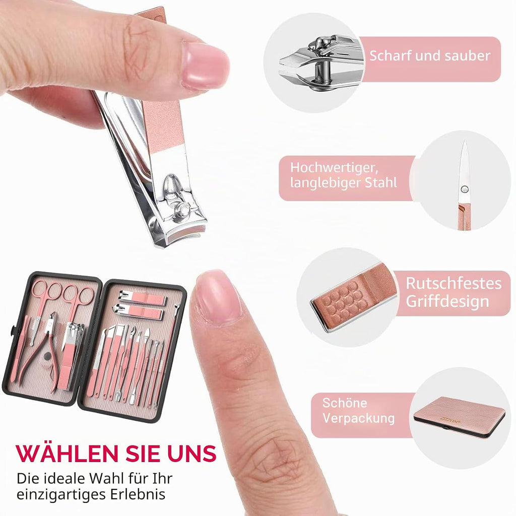 Maniküre-Set 18 in 1 Professionelles Pediküre-Set Nagelschere Grooming Kit Mit Leder Kulturbeutel in Pink