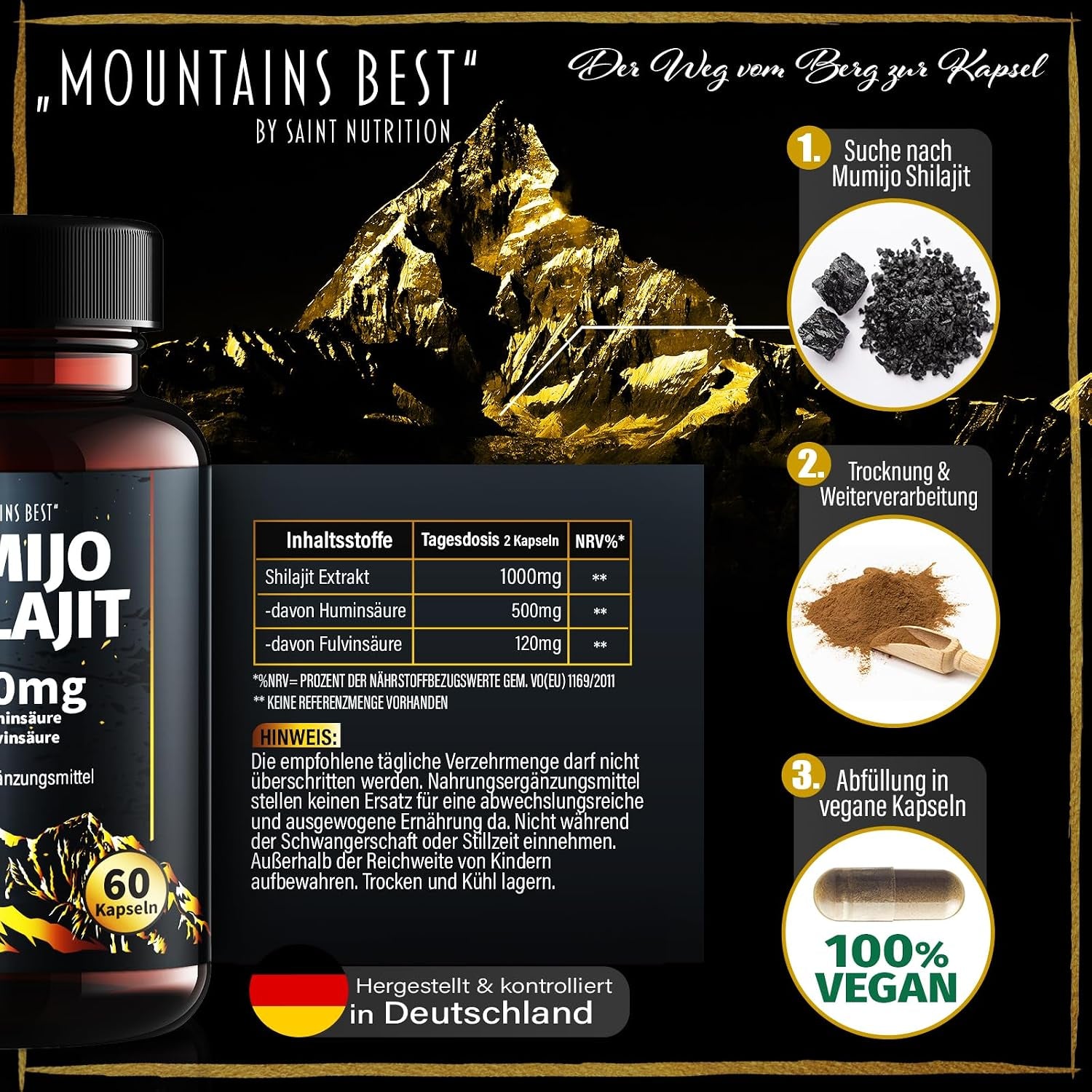 NEU: ® Mumijo Shilajit 1000 Mg, 50% Huminsäure, 12% Fulvinsäure - Original Kapseln Extra Hochdosiert Das Schwarze Gold Himalayas, Reich an Mineralien