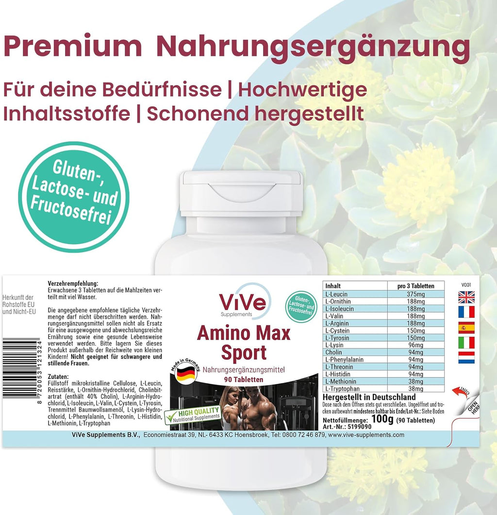 Amino Max Sport - 90 Tabletten - 13 Aminosäuren Pro Tablette - Inklusive Aller Essenzieller Aminos - Hochdosiert | Qualität Aus Deutschland Von Vive Supplements