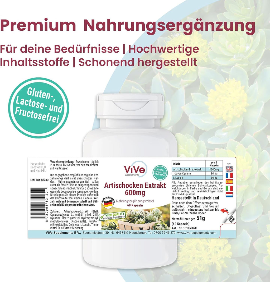 Artischocken-Extrakt 600Mg - 60 Kapseln - Standardisierter Extrakte Mit 2,5% Cynarin - Hochdosiert Und Vegan | Qualität Aus Deutschland Von Vive Supplements